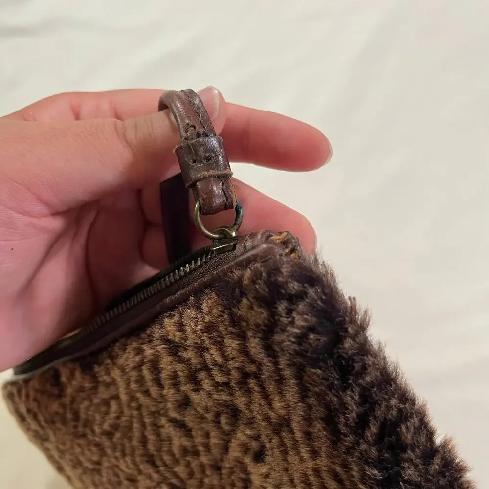 Patricia Nash Brown Genuine Leather Sheepskin Fur Wristlet Pouch Rustic